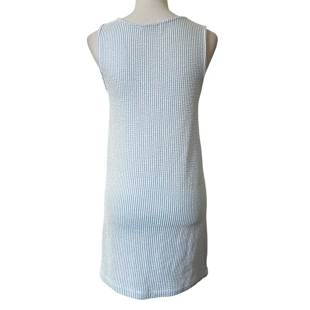Women’s Seersucker Mini Dress Blue & White Sleeveless Cotton Blend Stretch Sz M - Picture 4 of 8